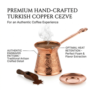 Cafetera Turca de Cobre Puro de Lujo con Grabado Arabesco Otomano, Cezve, Briki Griega para Estufa con Asa de Metal Fundido, Directo de Fábrica - Product Image 2