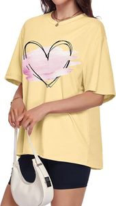 T-shirt jaune surdimensionné pour femme avec imprimé cœur peint à la main, col rond, manches courtes, coupe ample, en coton, style printemps-été - Product Image 4