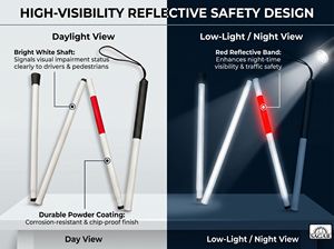 Canne de marche pliante légère en aluminium à 4 sections, blanche, avec bande réfléchissante rouge pour personnes malvoyantes, aide à la mobilité - Product Image 3
