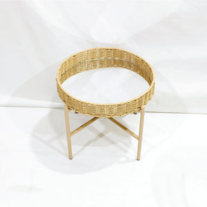 Mesa Auxiliar Redonda Moderna de Poliratán con Patas Metálicas en Forma de X y Borde Superior Tejido - Product Image 6