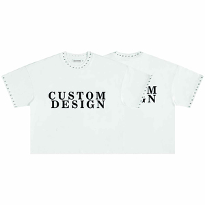 Camiseta de algodón blanca extragrande para hombre con diseño de logotipo personalizado, estampada y con pedrería en el cuello y las mangas. - Product Image 1