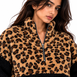 <b>Womens</b> Leopard Print Sherpa Pullover Half Zip <b>Fleece</b> Sweatshirt Contrast <b>Black</b> Panel Custom Logo Winter Wholesale - Product Image 3