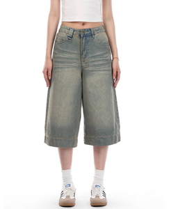 Shorts de mezclilla vintage de verano para mujer, estilo americano, holgados, versátiles, de pierna recta, estilo retro desgastado con efecto bigotes de gato - Product Image 4