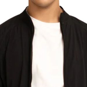 <b>Men's</b> Black Bomber <b>Jacket</b> Casual <b>Lightweight</b> Zip Up Stand Collar <b>Jacket</b> Ribbed Hem Custom Wholesale - Product Image 2