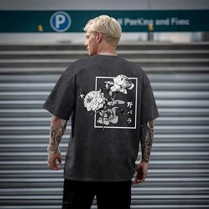 เสื้อยืดโอเวอร์ไซส์สีน้ำเงินวินเทจลายดอกกุหลาบพิมพ์ลายดิจิทัลผ้าฝ้ายทรงหลวมคอกลมแขนยาวสำหรับผู้ชาย - Product Image 3