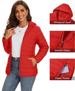 Red Quilted <b>Hooded</b> <b>Jacket</b> <b>Women</b> Full Sleeve Zipper Closure Solid Color Autumn <b>Lightweight</b> Puffer Coat - Product Image 6