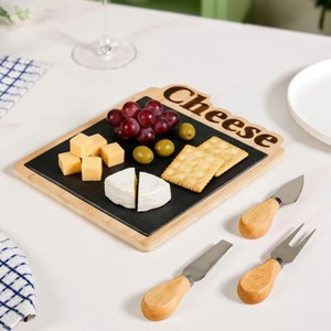 Wooden Cheese <b>Board</b> and Knife <b>Set</b> with Slate Serving Tray Stainless Steel Cheese Slicers Dishwasher Safe - Product Image 4