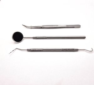 Kit d'examen dentaire avec miroir, pinces et sonde, poignée moletée argentée, instruments manuels de classe I - Product Image 5
