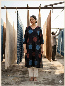 Kurti en coton imprimé pour femmes, noir, col en V, manches trois quarts, coupe droite, tunique ethnique décontractée, tenue confortable pour tous les jours - Product Image 5