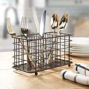 <b>Rectangular</b> Metal Wire Cutlery <b>Basket</b> With Mesh Bottom Multi Compartment Utensil Organizer For Restaurant Dining Tabletop - Product Image 1