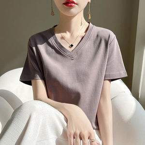 Camiseta de algodón de manga corta con cuello en V para mujer, de color liso, ajuste holgado, informal, top de verano, tejido transpirable - Product Image 5