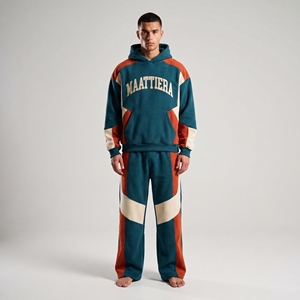 Ensemble de survêtement d'hiver pour homme, couleur unie, bleu sarcelle et orange, avec sweat à capuche zippé et pantalon large, style streetwear et sportswear, cool - Product Image 1