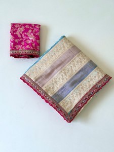 Pure Nylon Viscose Jacquard Saree with Meenakari Jari Weaving – Contrast Dola Silk Blouse Party Wear - Product Image 3