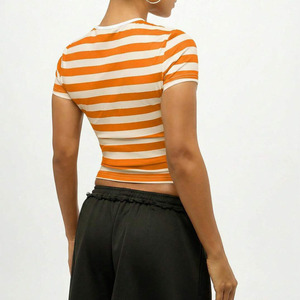 Women's Orange White Striped Crop <b>Top</b> Short Sleeve Crew Neck Slim Fit Casual Knitted T-Shirt Spring Summer Cotton Baby Crop Tee - Product Image 2