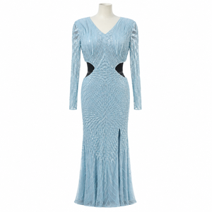 Women Sky Blue <b>Sequin</b> Cutout Maxi Dress V Neck Long Sleeve Bodycon Evening Gown Front Slit Sparkle Wedding Prom Formal Party - Product Image 1