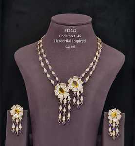 Ensemble collier et boucles d'oreilles fleur bleu rose 12432, collier floral long ton Carat pour femme, bijoux pour mariage et soirée - Product Image 3