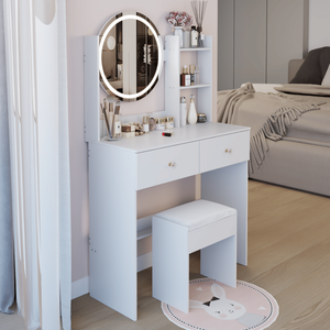 Tavolo da Trucco con Specchio LED da 17 Pollici, Sgabello Imbottito, Grande Specchio con Interruttore Touch, 3 Colori e Regolazione della Luminosità - Product Image 4