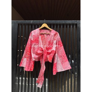 Blusa Cruzada de Algodón con Estampado Paisley Rosa para Mujer, Cuello en V, Manga Kimono, Corte Holgado, Estilo Bohemio, Primavera-Verano - Product Image 3