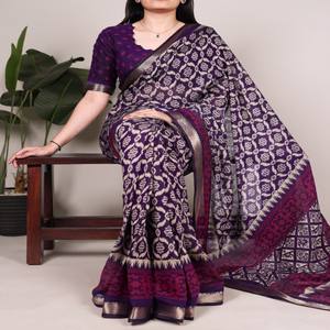 VASTRA COTTAGE Sari de viscosa y algodón Chanderi con estampado Ikkat y borde Zari, blusa sin coser, ropa étnica tradicional para mujer - Product Image 3