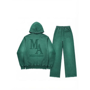 Ensemble de survêtement Mudassar vert délavé à l'acide avec perles, en coton et polyester, comprenant un sweat à capuche et un pantalon de jogging, coupe ample, 380 g/m², décontracté, avec logo imprimé par transfert thermique - Product Image 2