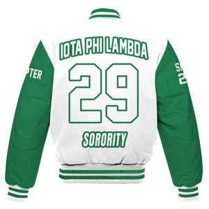 Veste universitaire personnalisée pour femmes Iota Phi Lambda, blanche et vert émeraude, avec lettres, écusson, numéro et année, veste bomber de sororité - Product Image 6