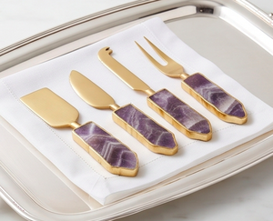 <b>Cheese</b> <b>Knife</b> <b>Set</b> With Purple Stone Handles Gold Finish Stainless Steel Blades Durable Kitchen Utensils For <b>Cheese</b> Serving - Product Image 3