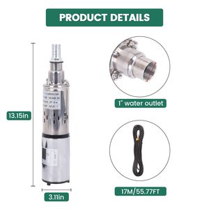 Bomba Sumergible Solar para Pozo, 60V, 2HP, Acero Inoxidable, Salida de 1 Pulgada, Altura de Elevación de 173 Pies con Cable de 55.77 Pies - Product Image 3