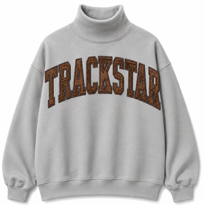 Sweat-shirt à col montant gris clair Trackstar avec motif lettres effet bois brun, pull à manches longues pour vêtements personnalisés en gros - Product Image 1
