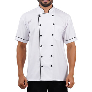 Chemise de chef à manches courtes pour homme, blanche avec bordure noire, fermeture à boutons, uniforme de restaurant - Product Image 1