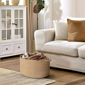 Jute Wicker Storage <b>Basket</b> with Handles, Decorative Woven Organizer Bin <b>for</b> Home, <b>Shelf</b>, Closet, and Entryway - Product Image 4