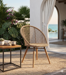 Chaise de salle à manger moderne en rotin naturel, chaises d'appoint en osier tressé pour extérieur, pieds en bois faits à la main, mobilier de restaurant, café, patio - Product Image 5