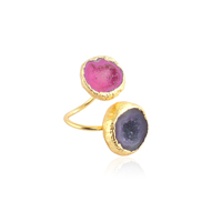 Bague ouverte ajustable en laiton plaqué or 18 carats avec double pierre de cristal naturel géode druzy rose et bleue, bijou statement pour femme