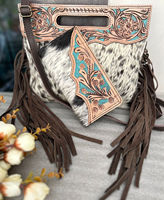 New Western Handcrafted Hair on Hide Fur Sac à main en cuir Sac à bandoulière élégant pour femmes et sac à main bracelet Ensemble combiné unique