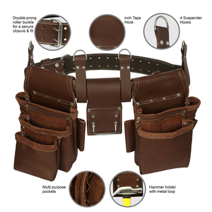 Ceinture porte-outils professionnelle en cuir avec 18 poches, sac banane ajustable pour homme, marron, support marteau, mètre ruban, crochet - Product Image 1