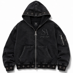 Sweat à capuche zippé personnalisé avec strass, délavage vintage, 100 % coton molletonné, coupe oversize, imperméable, respirant, épais - Product Image 1