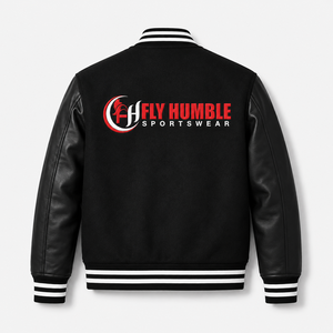 เสื้อแจ็คเก็ตวาร์ซิตี้สีดำสำหรับผู้ชาย Fly Humble แขนหนัง PU ปักโลโก้ สไตล์สปอร์ต ปกคอพับ ทรงปกติ เหมาะสำหรับใส่ในฤดูใบไม้ร่วง - Product Image 4