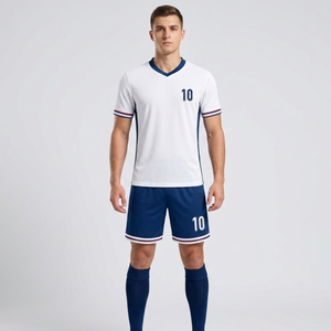 Conjunto de Camiseta de Fútbol Personalizada con Logotipo en Blanco y Azul Marino |   Conjunto de Fútbol Minimalista con Detalles Tricolor | Ropa Deportiva Sublimada Transpirable para Equipos - Product Image 4