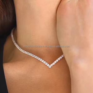 Collar de tenis con diamantes cultivados en laboratorio de corte redondo en forma de V en oro blanco macizo, elegante collar nupcial, regalo de aniversario de boda para ella - Product Image 2