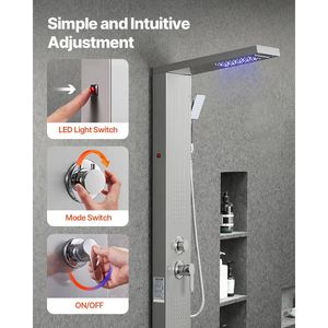 Système de tour de colonne en acier inoxydable à 5 modes Panneau de douche pluie et cascade avec ensembles de quincaillerie de bain - Product Image 6