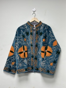 <b>Womens</b> Suzani Embroidered Cotton <b>Velvet</b> Jacket Handmade Floral Boho Ethnic Indian Winter <b>Coat</b> Stand Collar Breathable Wholesale - Product Image 2