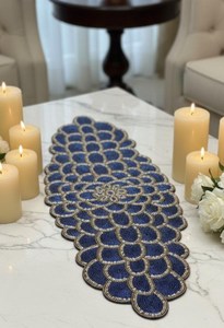 Handmade Beaded <b>Table</b> <b>Runner</b> Blue <b>Gold</b> Solid Stripe Pattern (13x36 Inch) Polyester/Cotton Home & Hotel Decorative MOHD BAHID - Product Image 3
