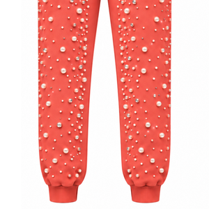 Coral Pearl Beaded <b>Jogger</b> Pants <b>Women</b> Fashion Embellished Drawstring Sweatpants Luxury Casual Streetwear <b>Fleece</b> Bottoms - Product Image 5