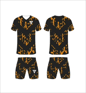 Custom sublimated <b>soccer</b> uniform set for men with black and orange abstract pattern print jersey and matching shorts - Product Image 4
