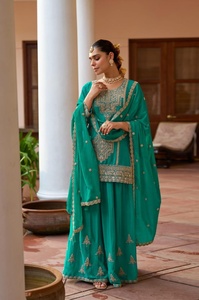 <b>Top</b> Quality Green Embroidered Real Chinon Dupatta and Palazzo Set <b>Indian</b> Ethnic Wear Fashion Outfit for Women Wholesale Supplier - Product Image 2