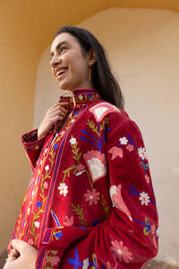Luxurious Fusion Warmth Suzani Boho <b>Women</b> <b>Coat</b> Red Cotton <b>Velvet</b> Multicolour Floral Embroidered Ladies Jacket - Product Image 3