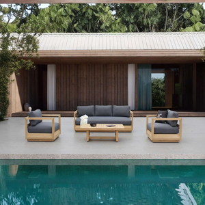 Ensemble de canapés d'extérieur en teck moderne avec coussins gris, mobilier de jardin minimaliste pour patio et bord de piscine - Product Image 1