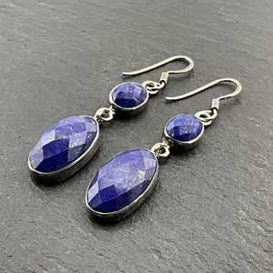 Boucles d'oreilles pendantes fantaisie en argent sterling et lapis-lazuli vintage, bijoux faits à la main avec pierres précieuses bleues, cadeau élégant pour femmes - Product Image 4