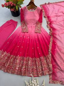Magnifique ensemble de tenue Anarkali pour mariées, idéal pour les fêtes de Diwali, coupe ajustée, design traditionnel, en Georgette, robe, pantalon et dupatta, style modeste. - Product Image 3
