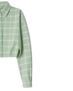 Chemisier court décontracté vert menthe à carreaux pour femme, col rabattu, manches longues, boutonné, fabrication OEM personnalisée - Product Image 4