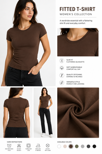 Camiseta de algodón lisa beige para mujer, cuello redondo, manga corta, corte ajustado, precio al por mayor - Product Image 5